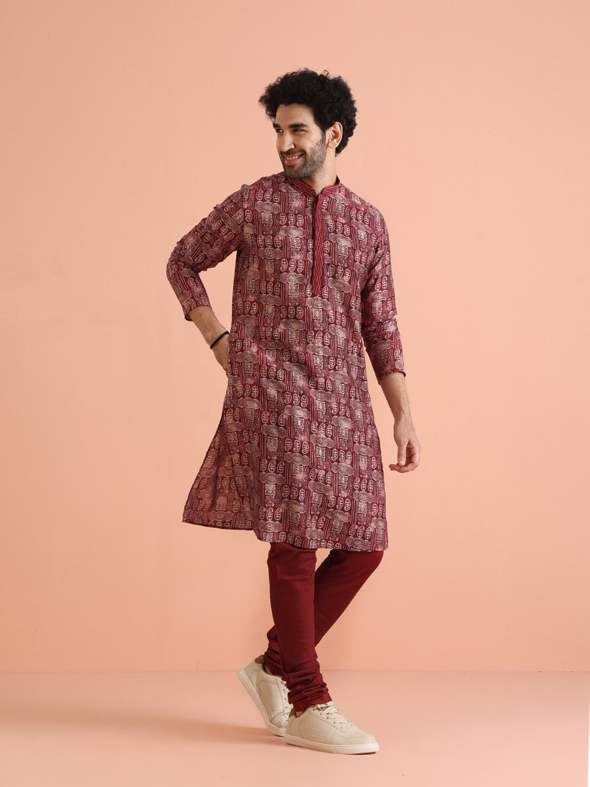 Maroon Cotton Silk Printed Long Kurta
