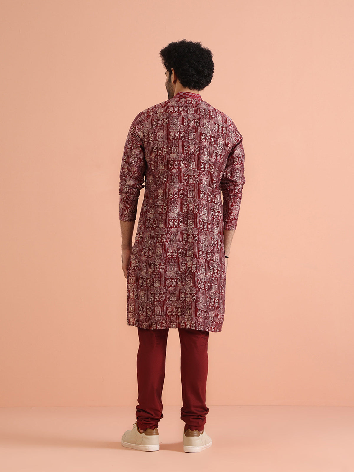 Maroon Cotton Silk Printed Long Kurta