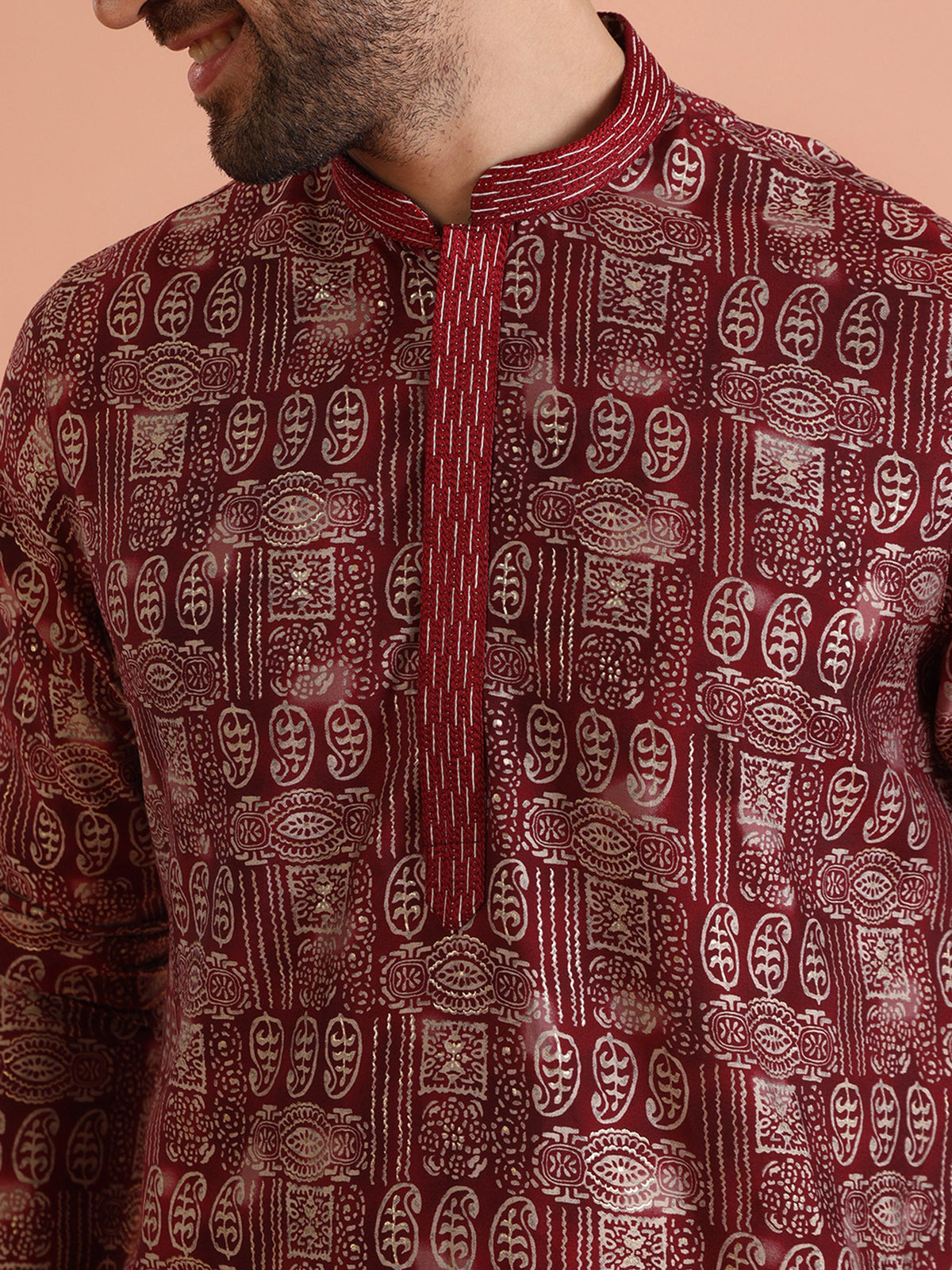 Maroon Cotton Silk Printed Long Kurta