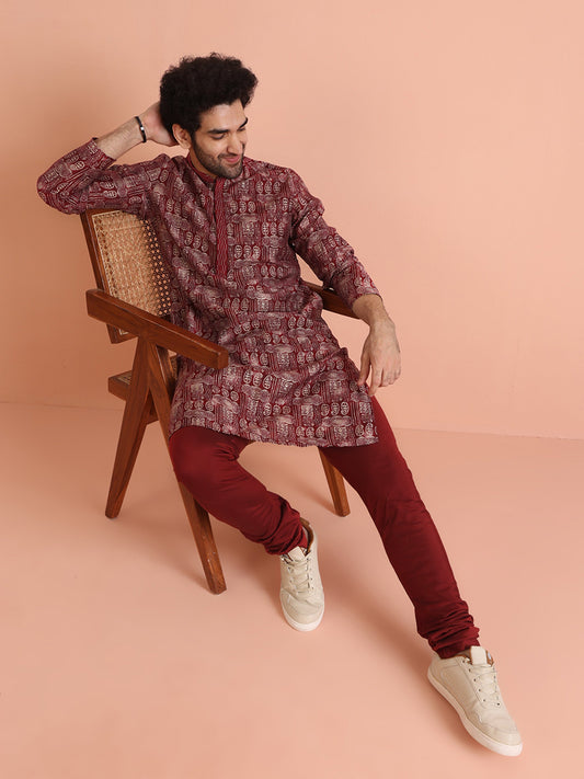Maroon Cotton Silk Printed Long Kurta
