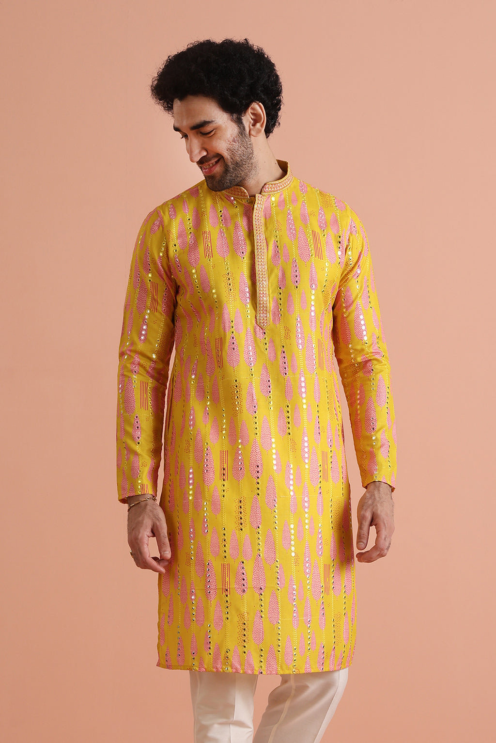 Yellow Printed Mirror Work Kurta