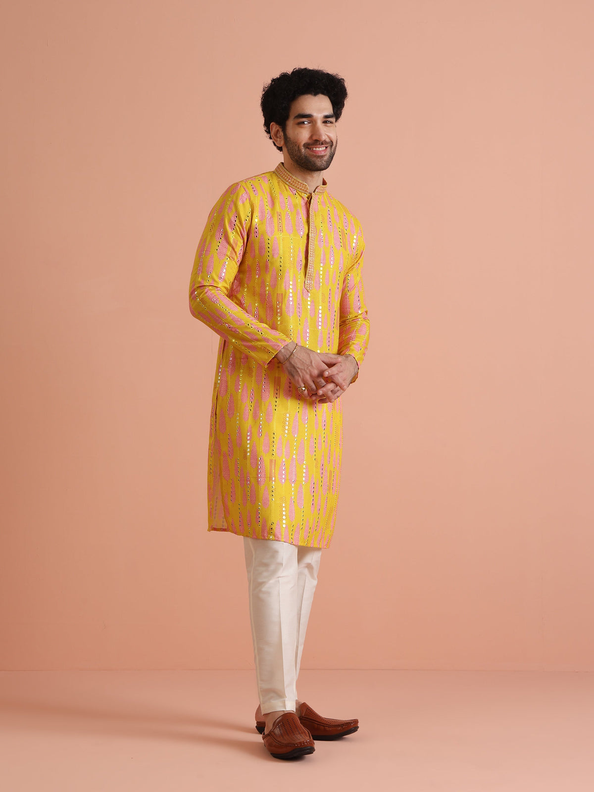 Yellow Printed Mirror Work Kurta