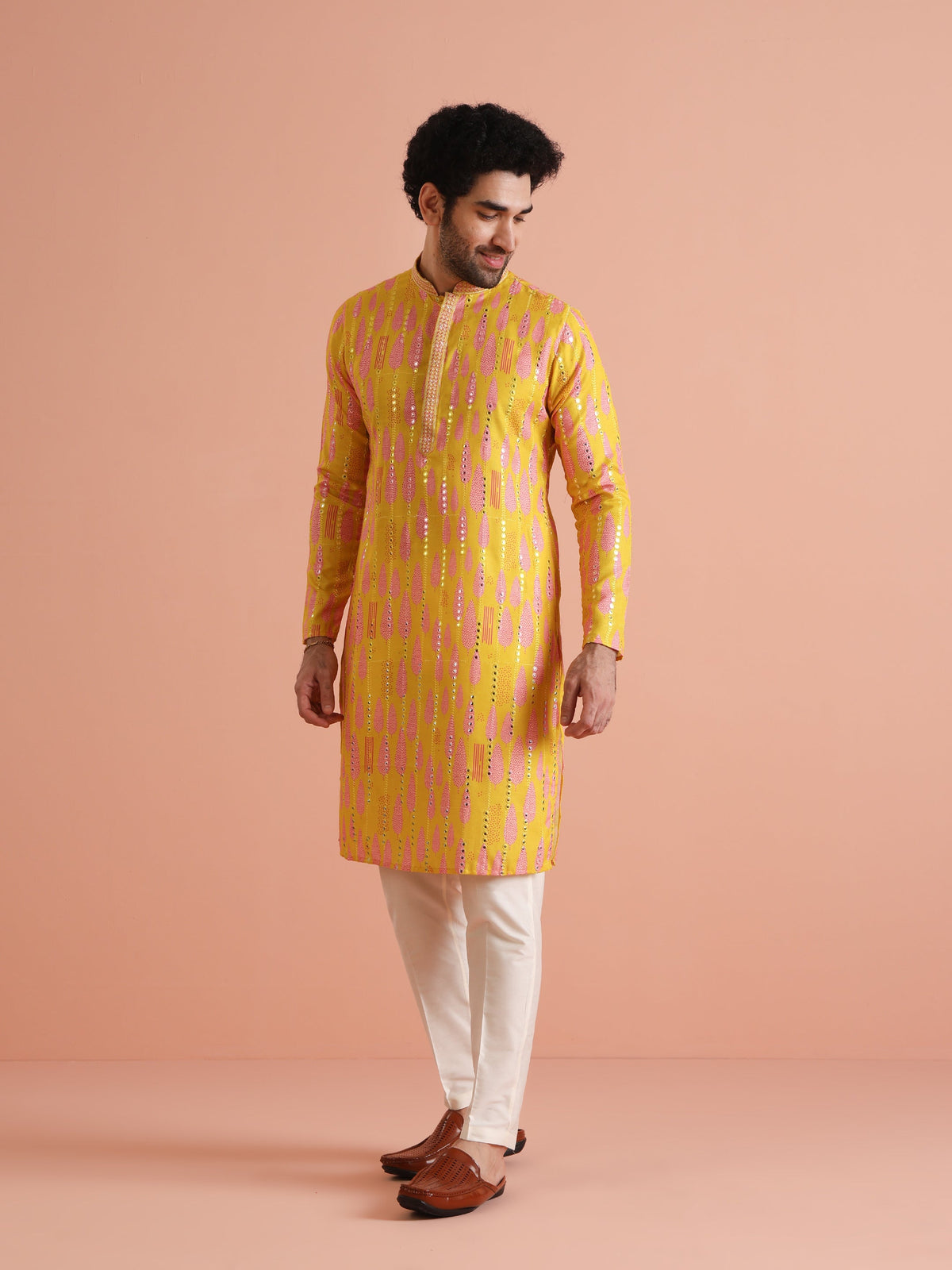 Yellow Printed Mirror Work Kurta
