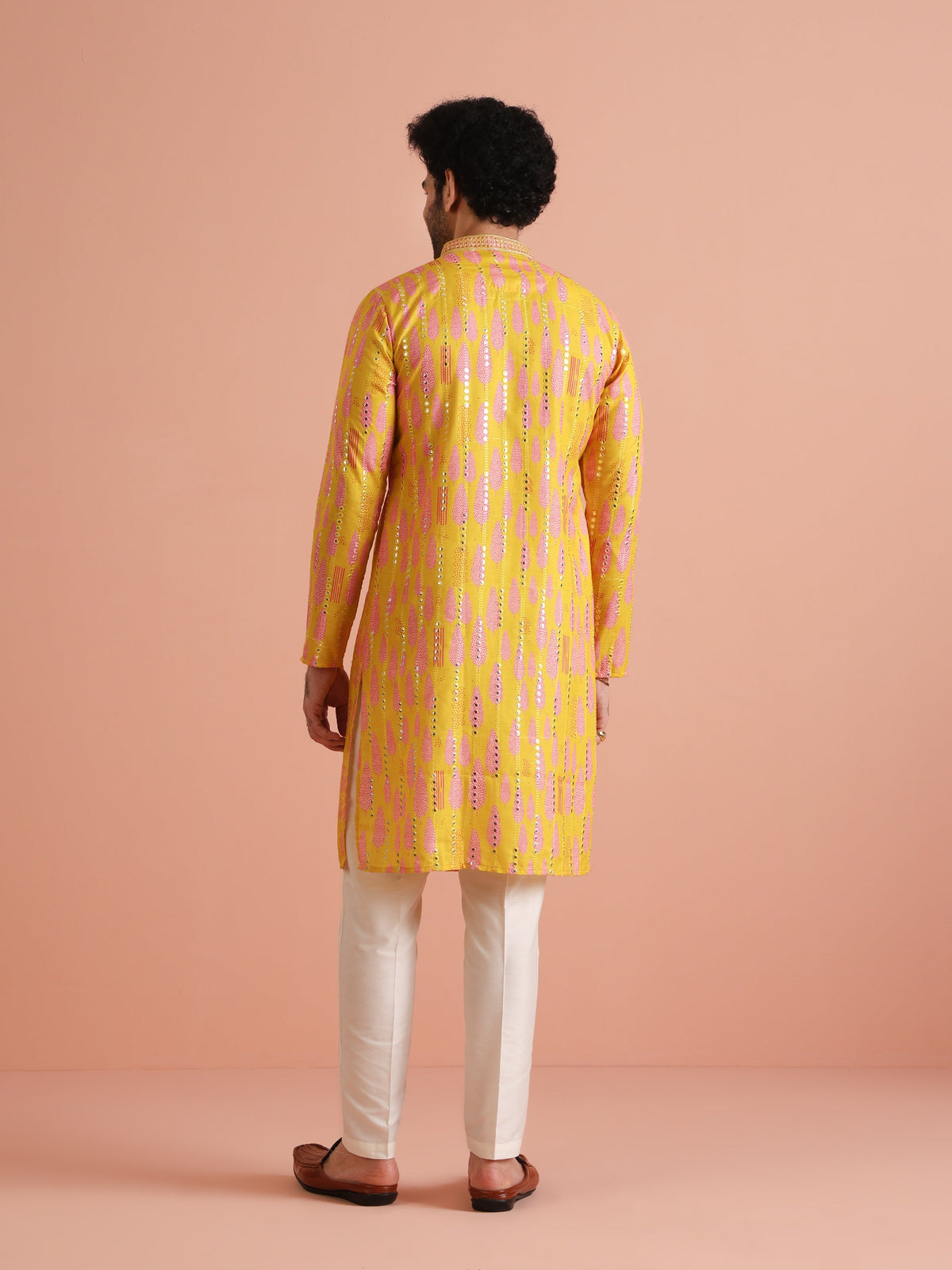 Yellow Printed Mirror Work Kurta