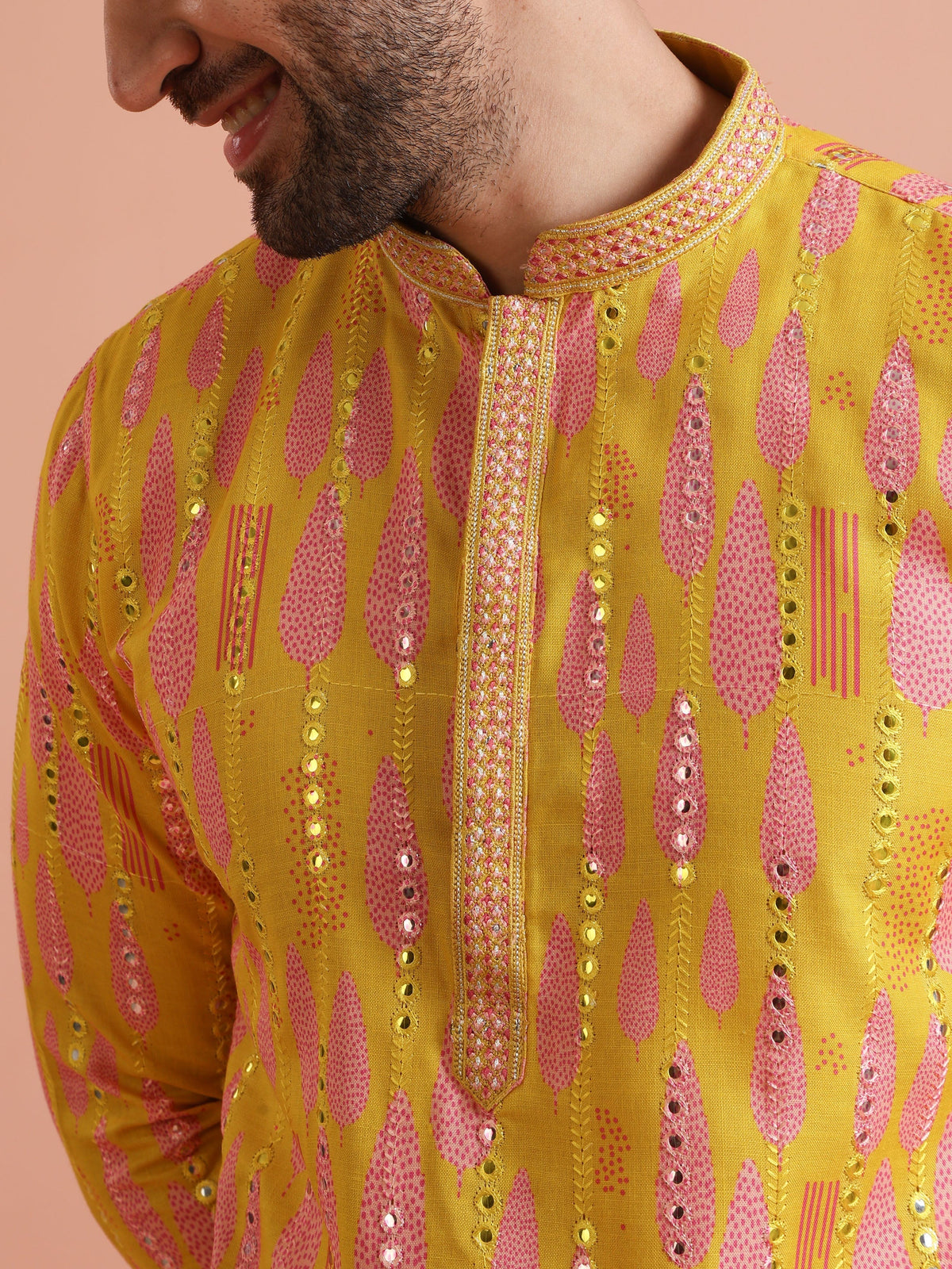 Yellow Printed Mirror Work Kurta