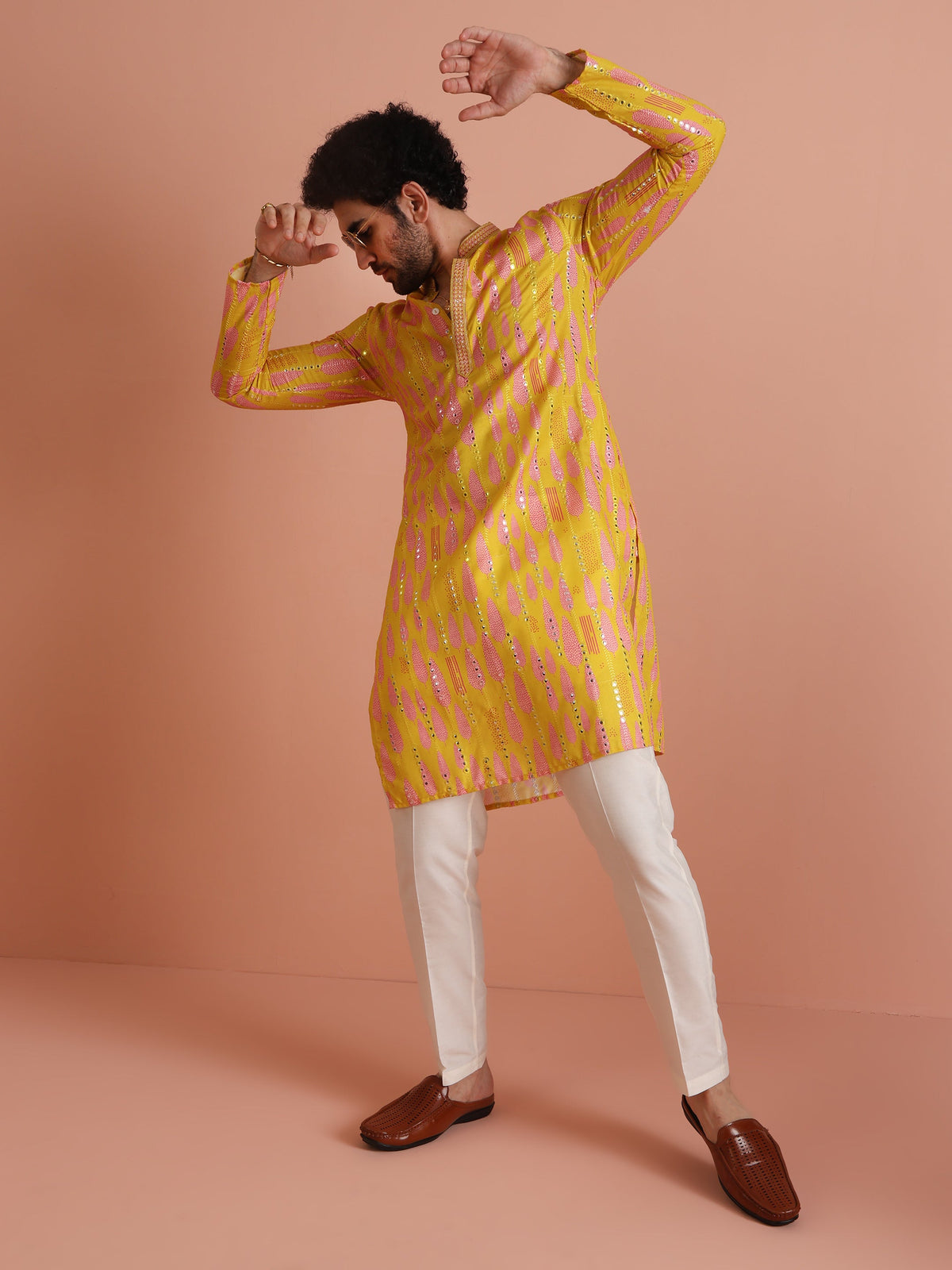 Yellow Printed Mirror Work Kurta