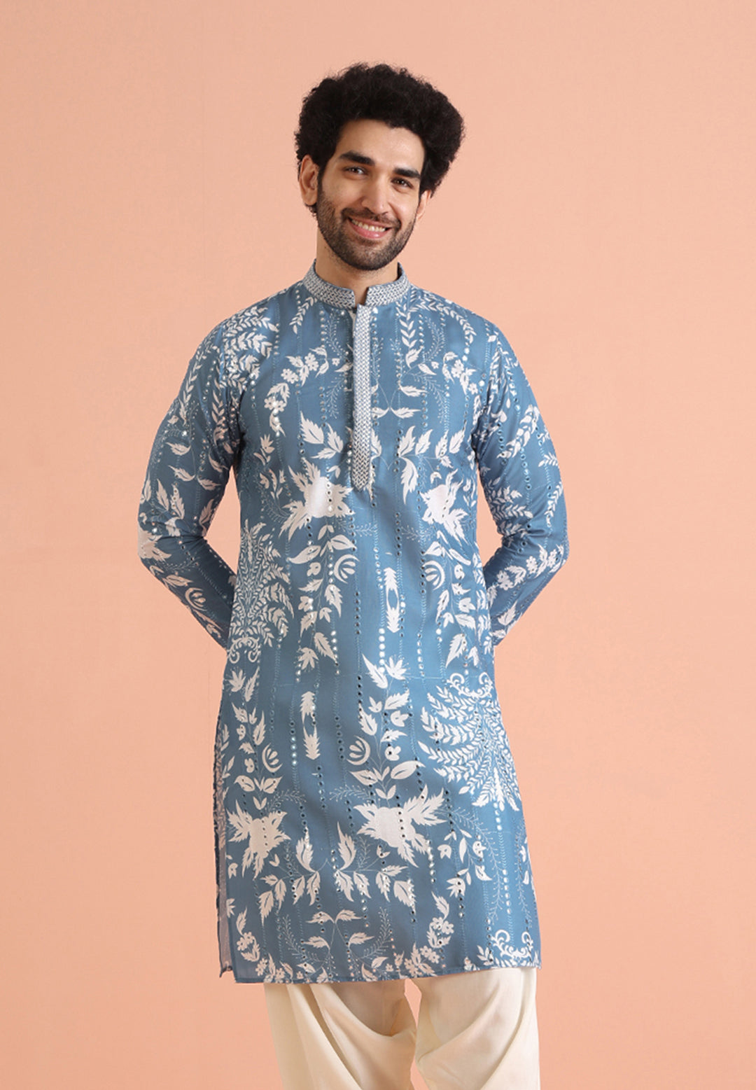 Blue Art Silk Mirror Work Printed Kurta