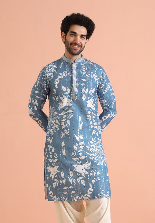 Blue Art Silk Mirror Work Printed Kurta
