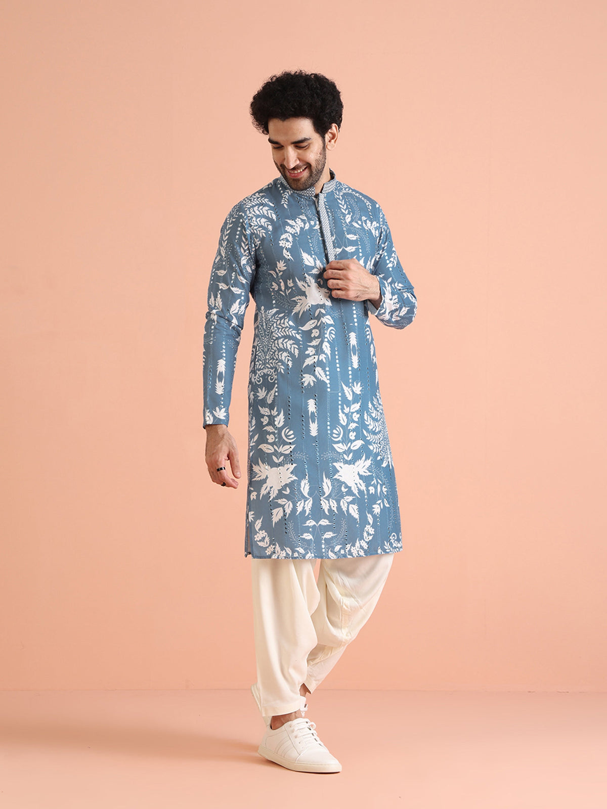 Blue Art Silk Mirror Work Printed Kurta