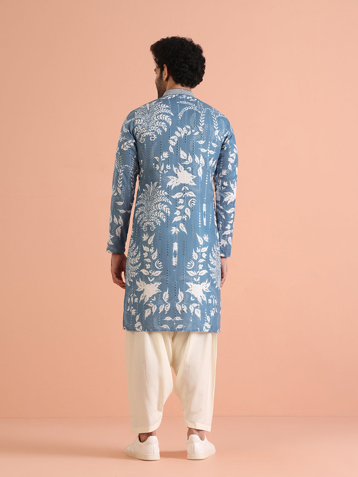 Blue Art Silk Mirror Work Printed Kurta