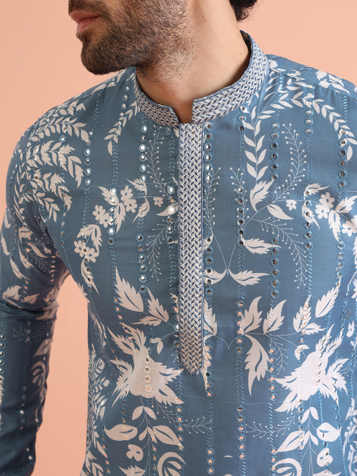 Blue Art Silk Mirror Work Printed Kurta