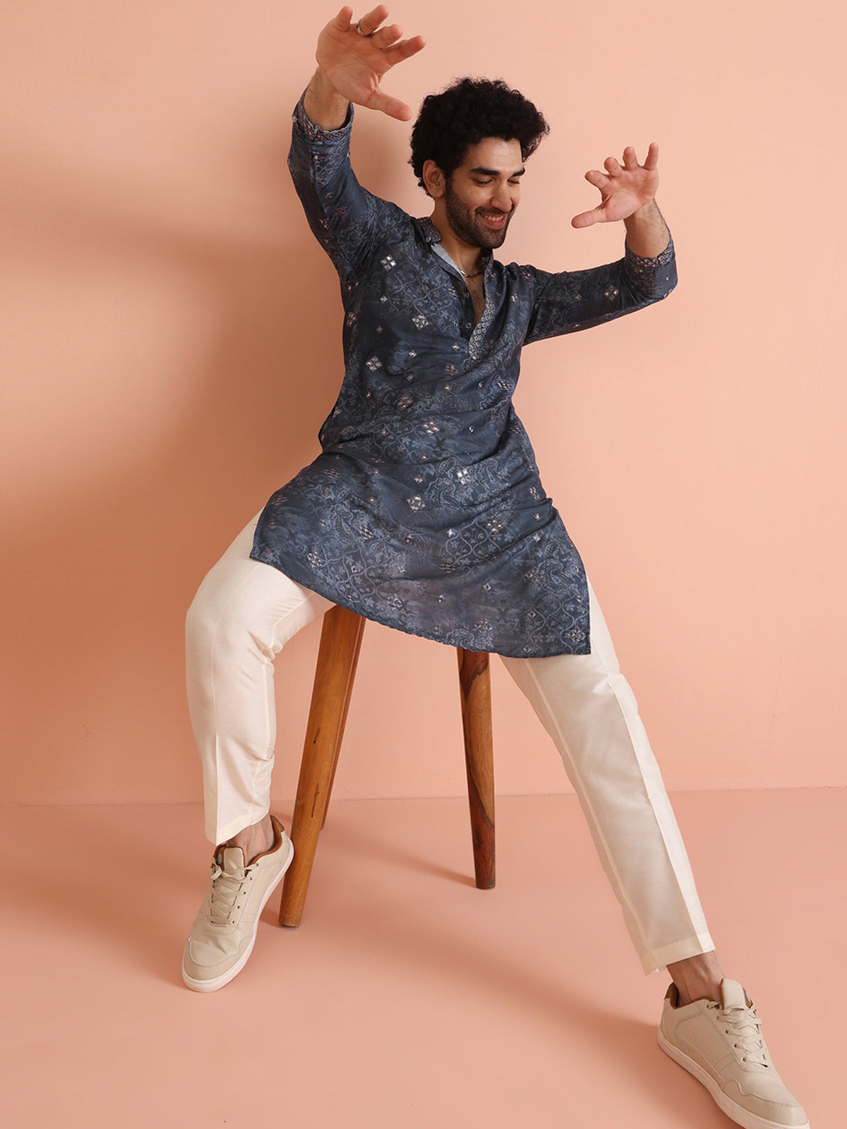 Grey Jacquard Woven Silk Blend Kurta