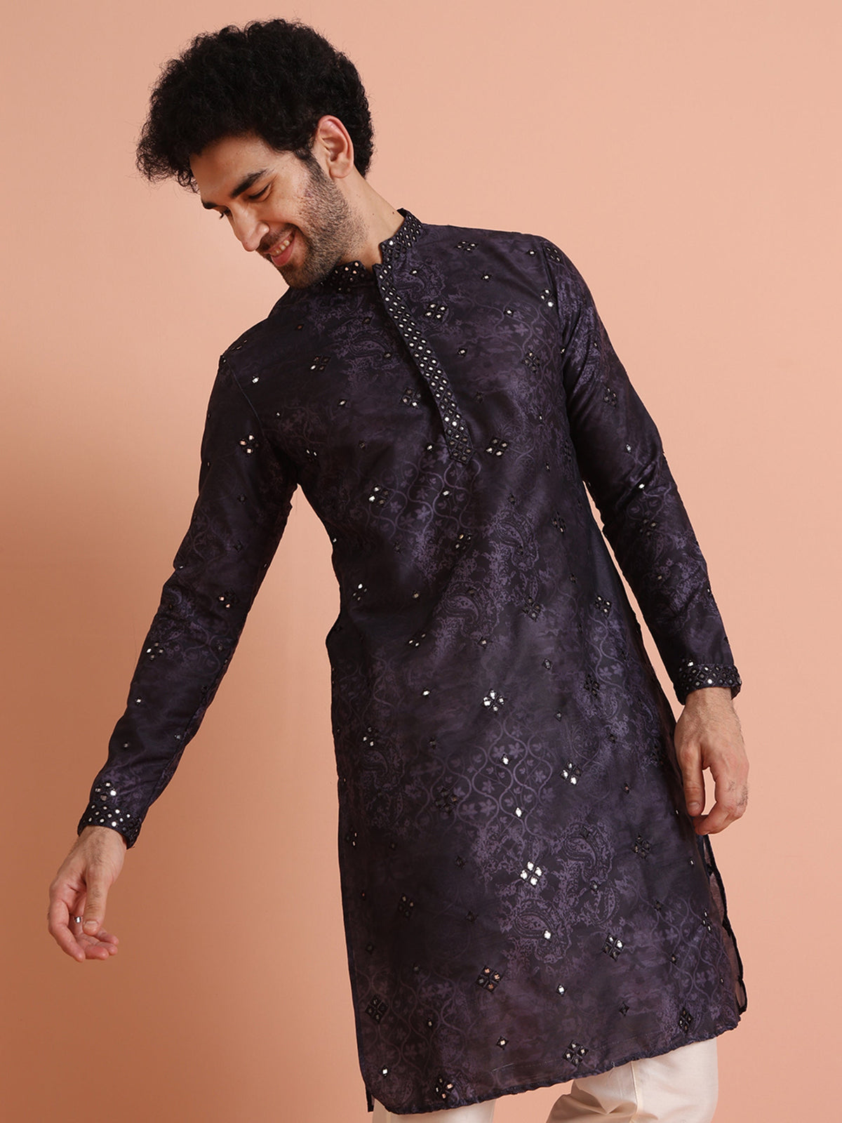 Purple Mirror Work Silk Blend Kurta