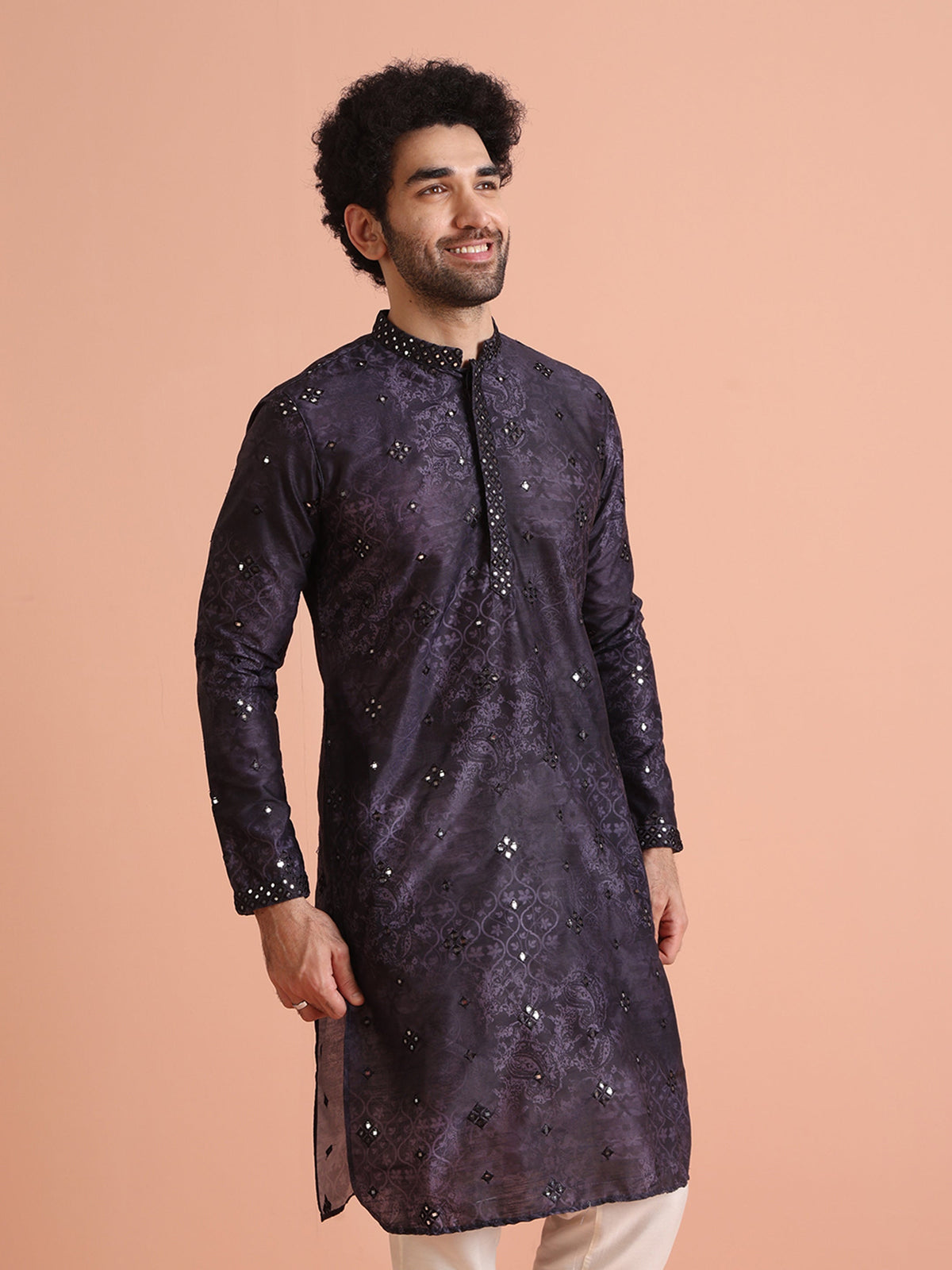 Purple Mirror Work Silk Blend Kurta
