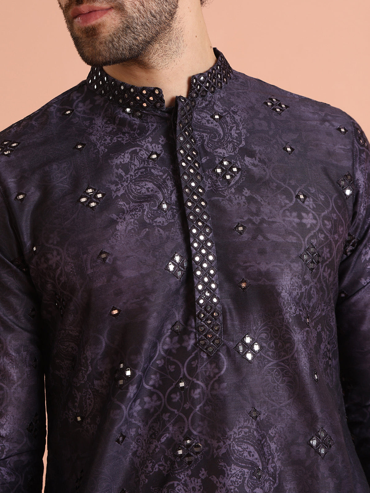 Purple Mirror Work Silk Blend Kurta
