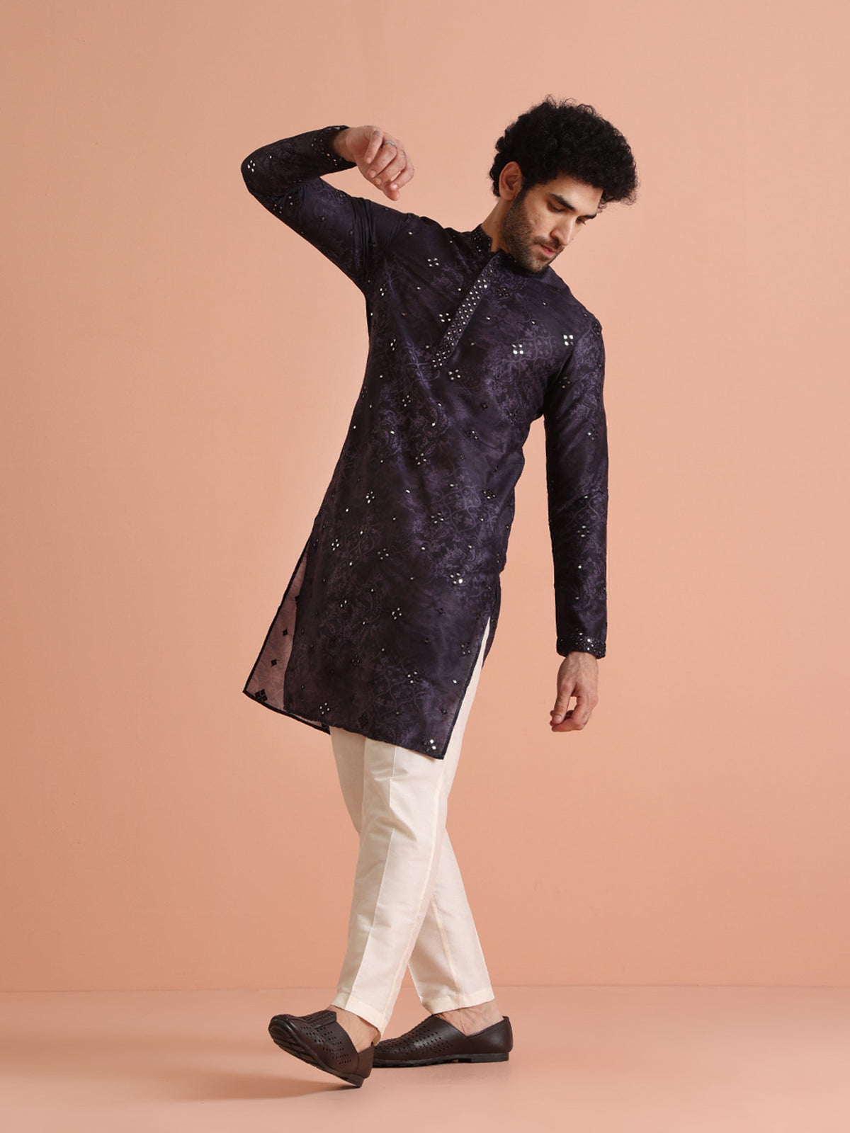 Purple Mirror Work Silk Blend Kurta