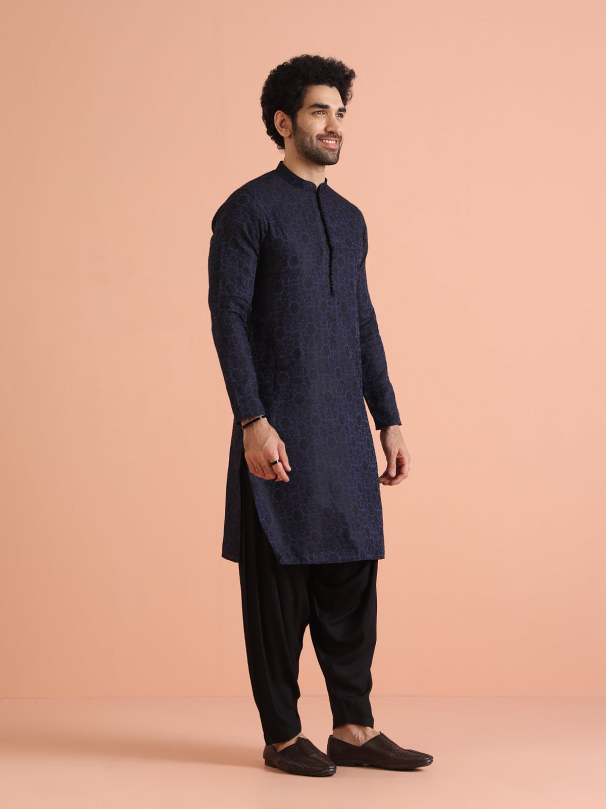 Navy Blue Jacquard Textured Kurta