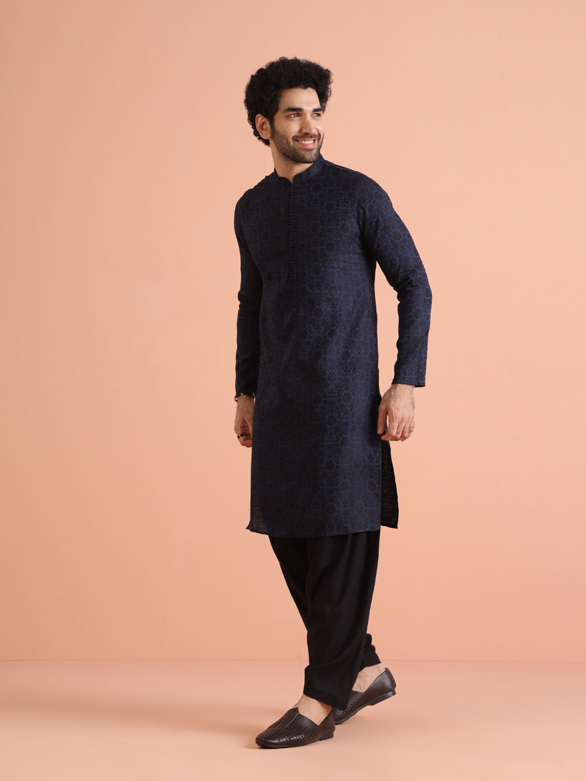 Navy Blue Jacquard Textured Kurta