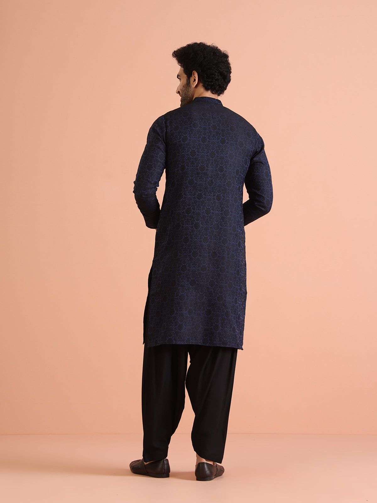 Navy Blue Jacquard Textured Kurta