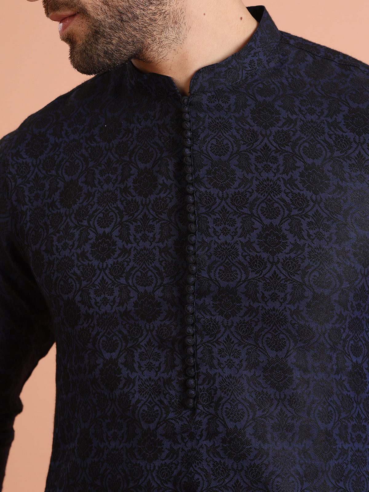 Navy Blue Jacquard Textured Kurta