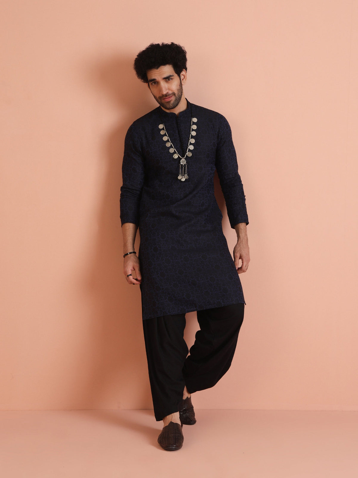 Navy Blue Jacquard Textured Kurta