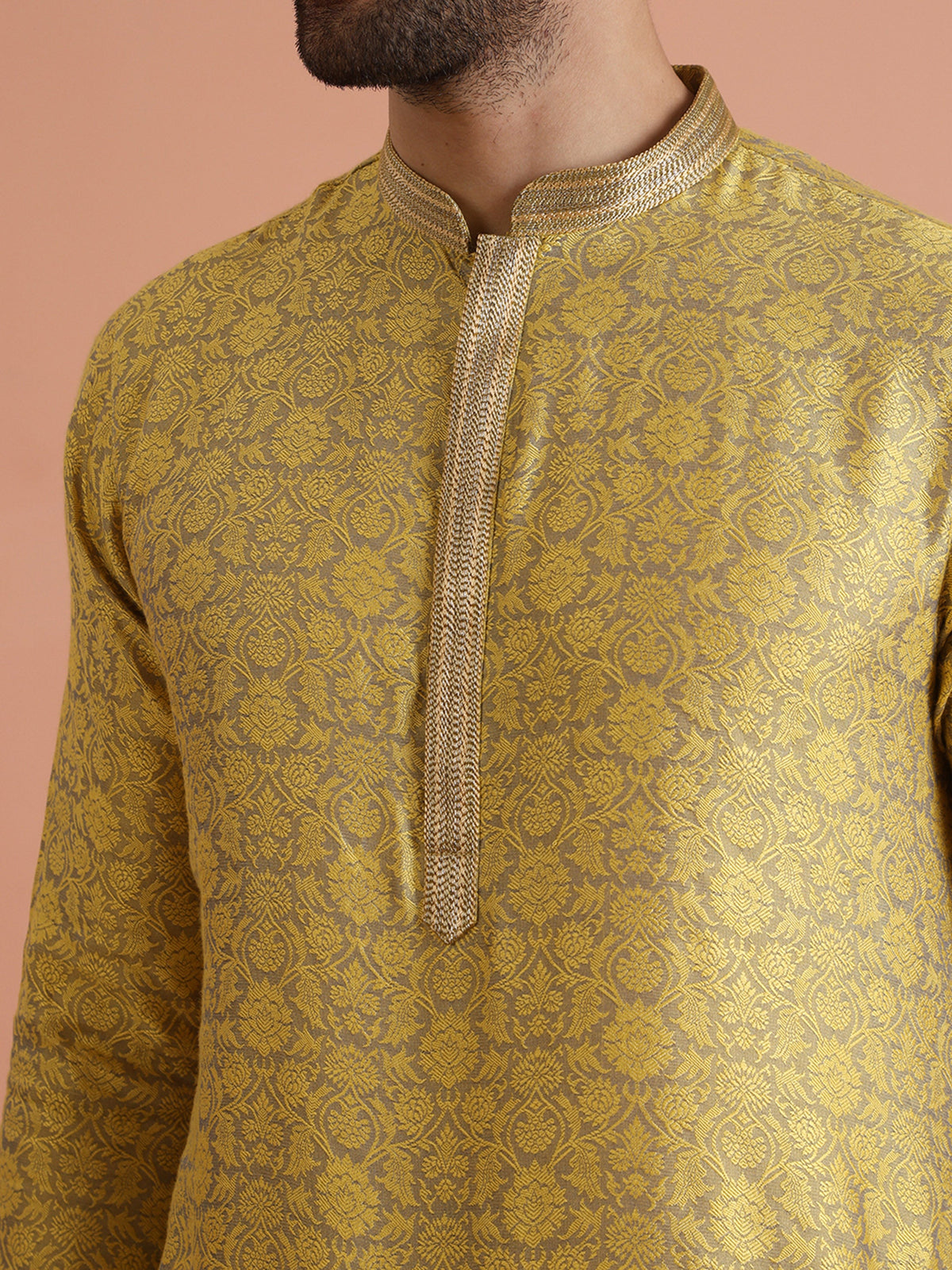 Yellow Jacquard Woven Silk Blend Kurta