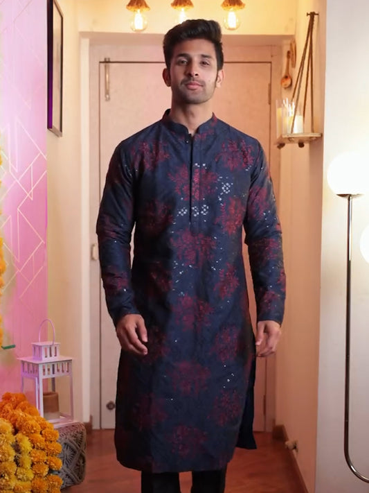 Mens Navy Blue Embroidered Kurta