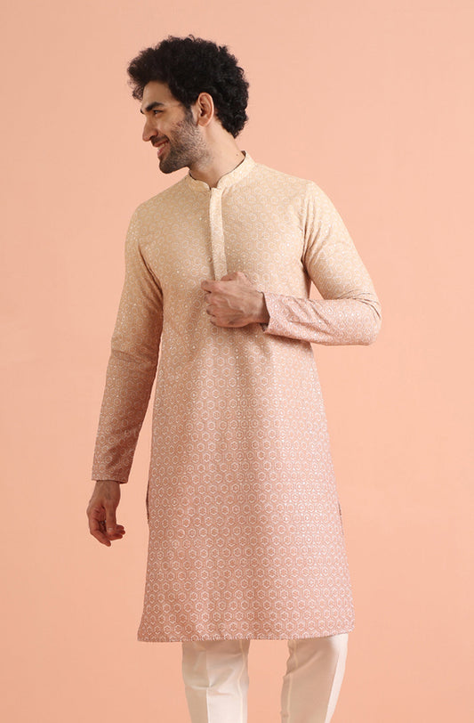 Beige Silk Blend Jacquard Kurta