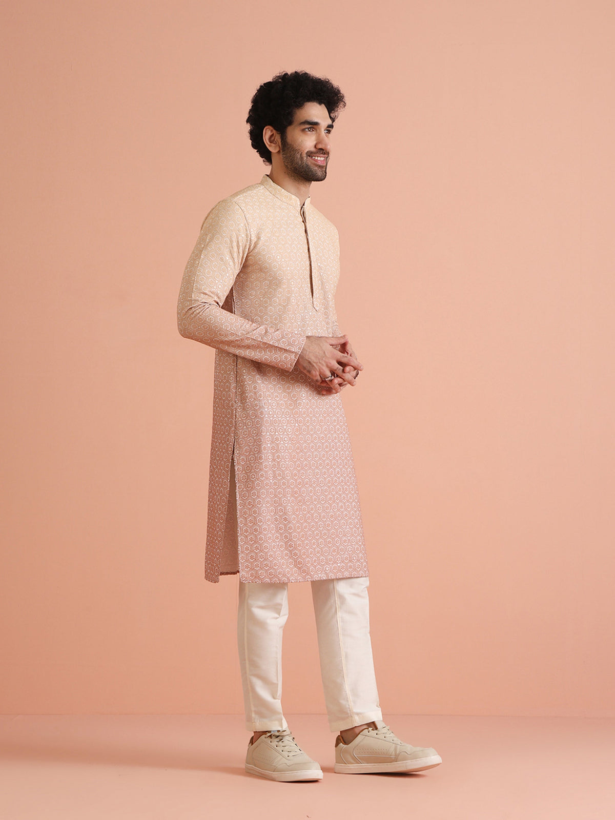 Beige Silk Blend Jacquard Kurta