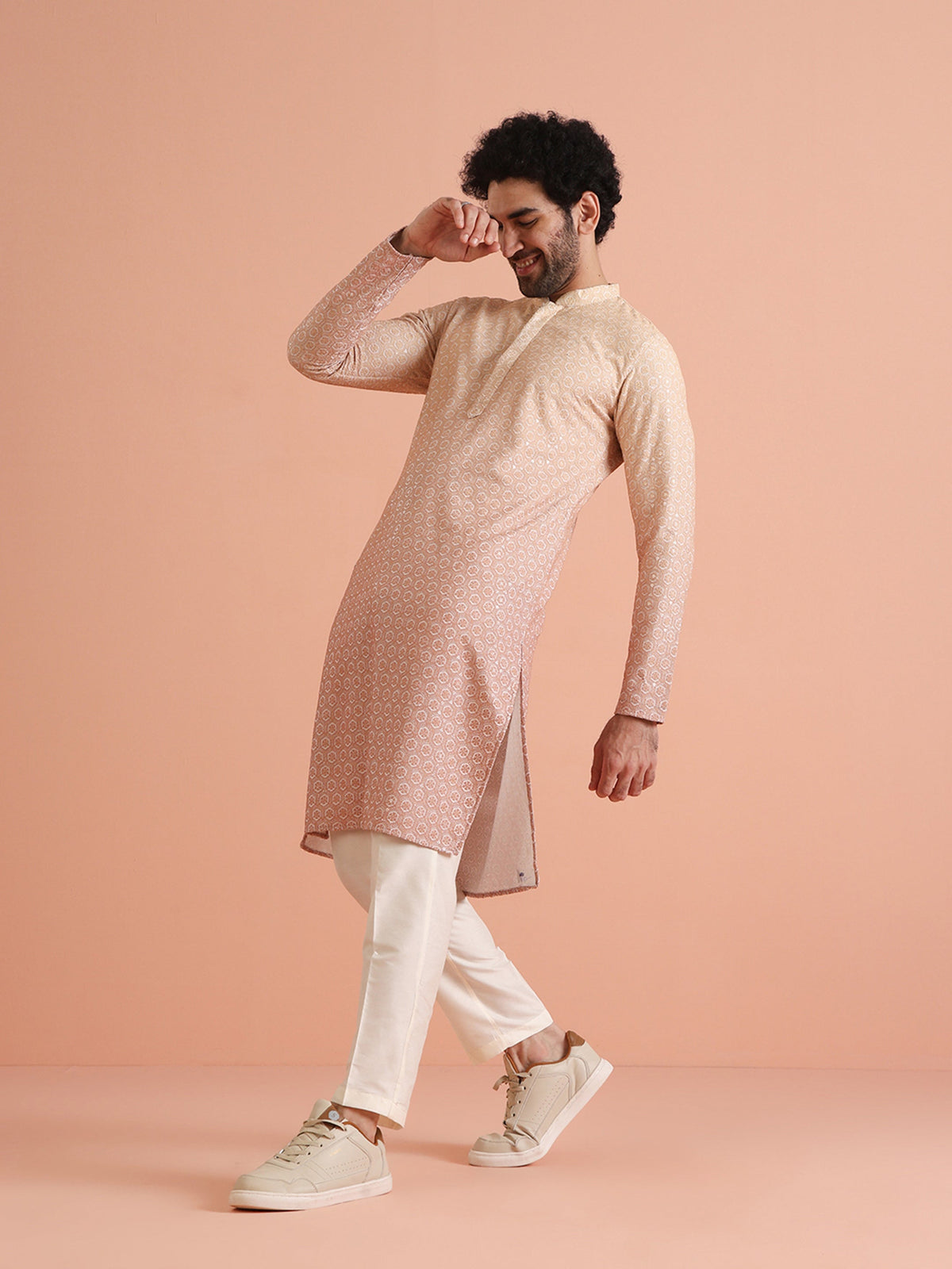 Beige Silk Blend Jacquard Kurta