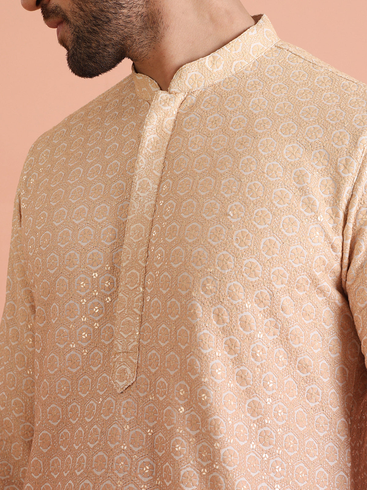 Beige Silk Blend Jacquard Kurta
