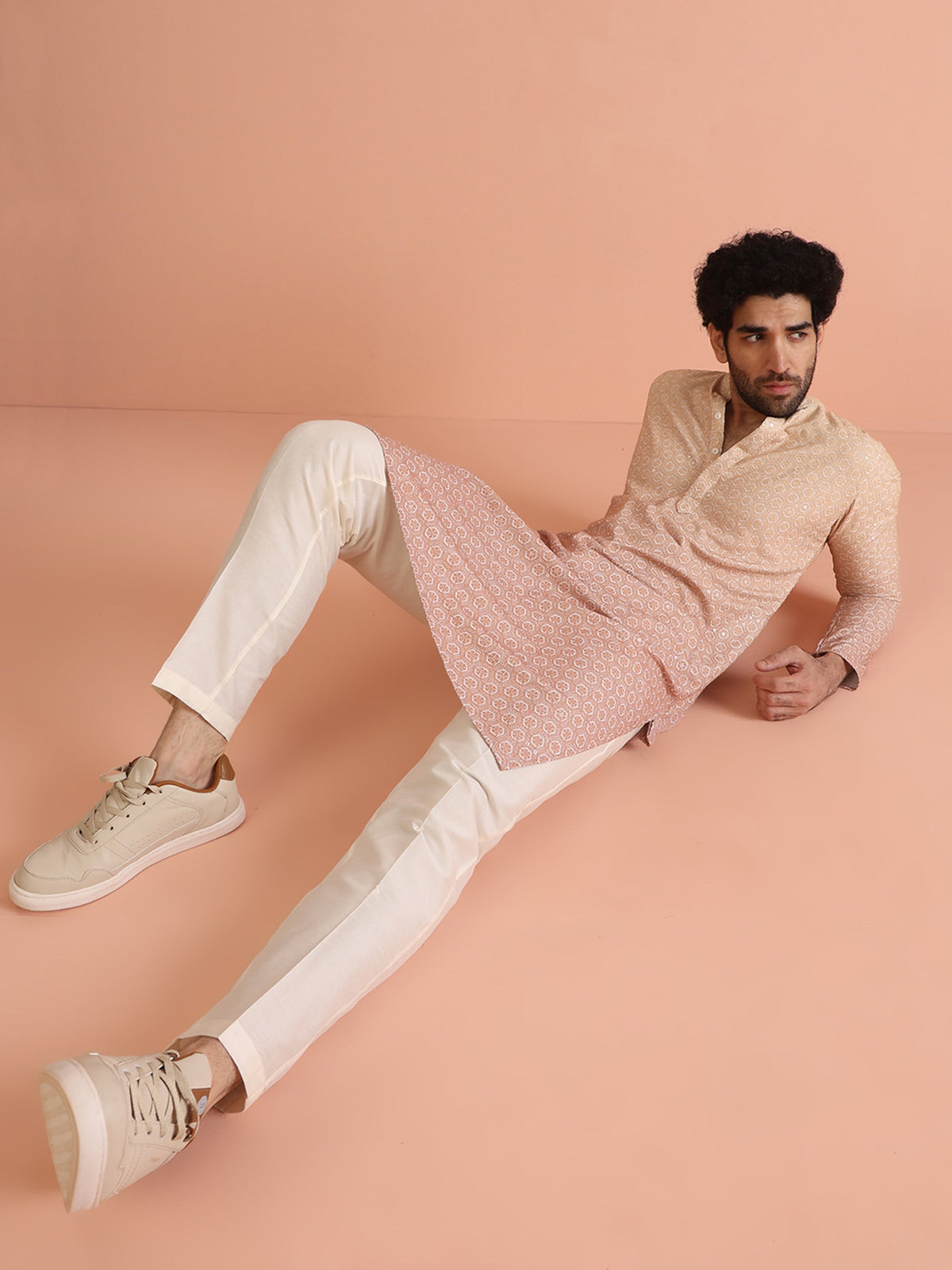 Beige Silk Blend Jacquard Kurta