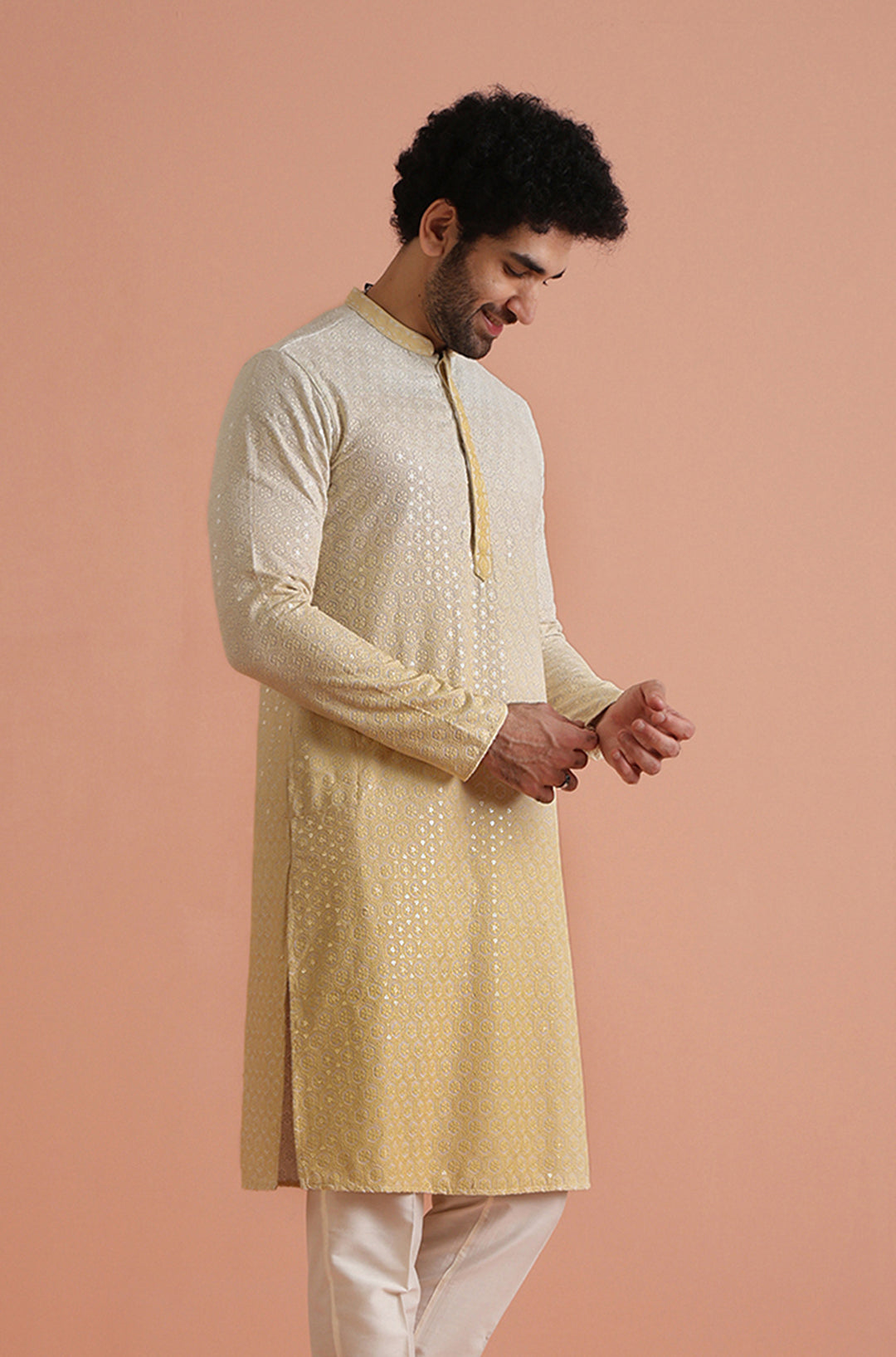 Cream Ombre Silk Blend Mirror Work Kurta