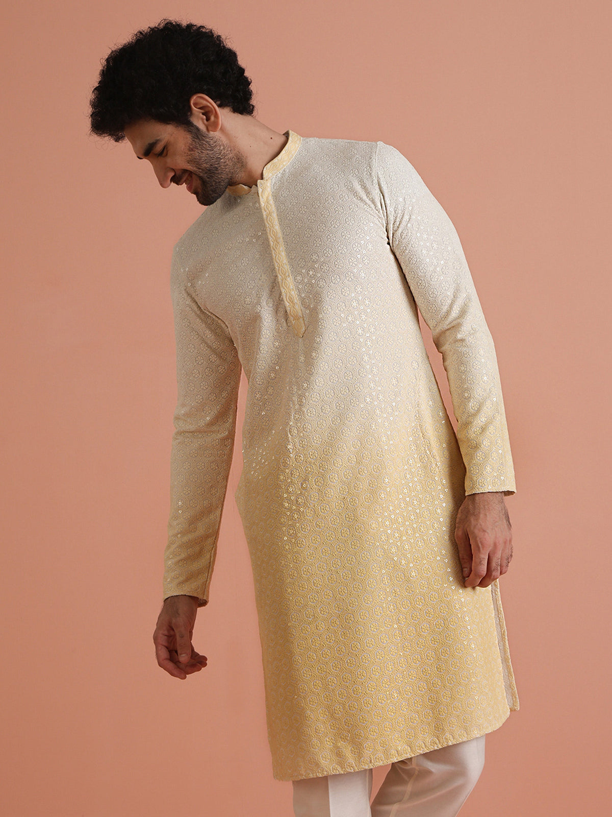 Cream Ombre Silk Blend Mirror Work Kurta