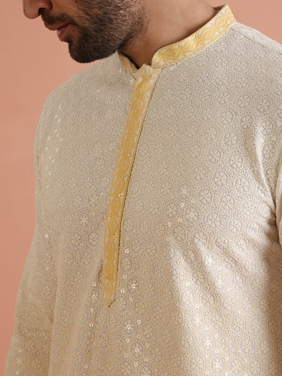 Cream Ombre Silk Blend Mirror Work Kurta