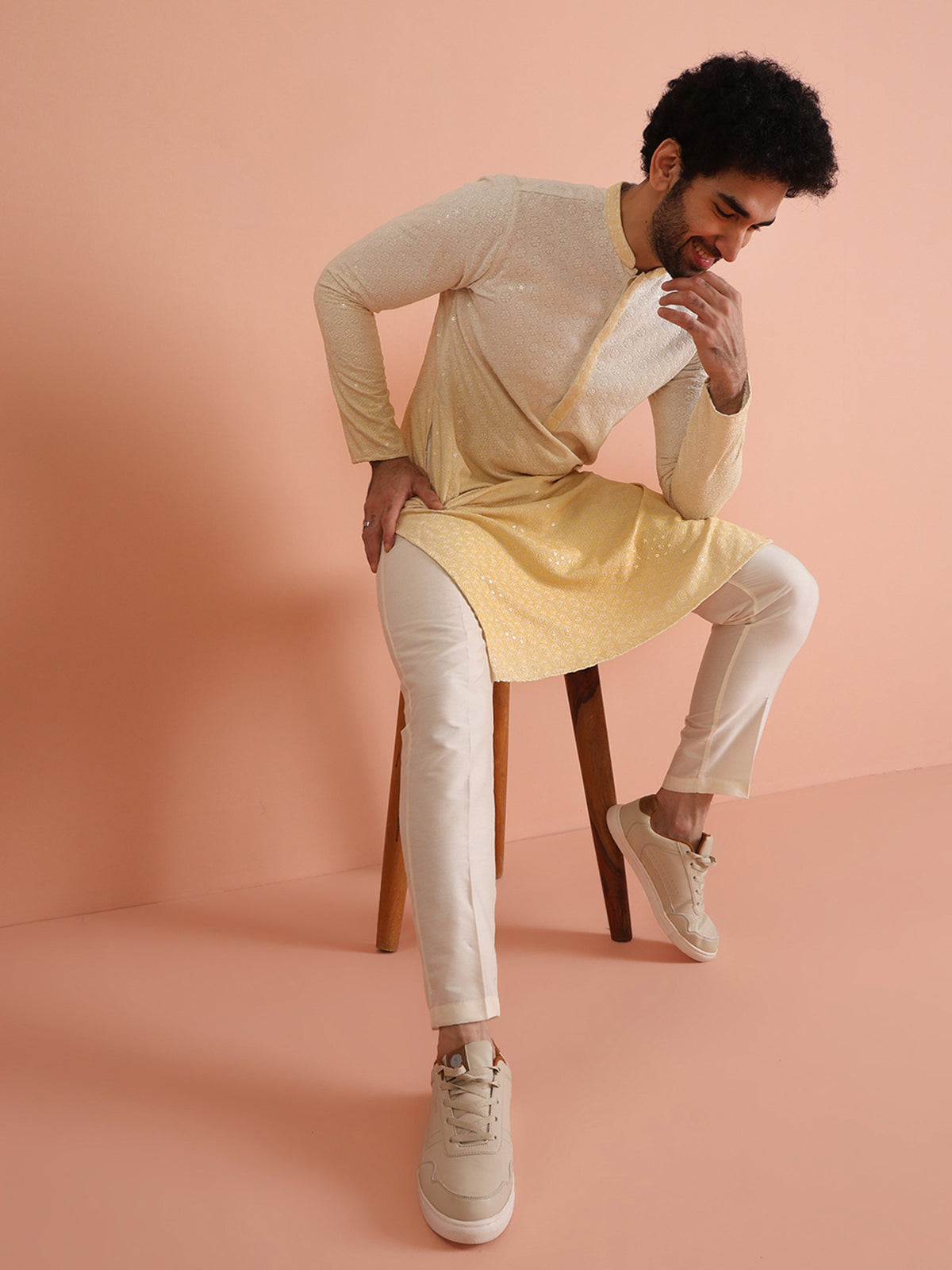 Cream Ombre Silk Blend Mirror Work Kurta