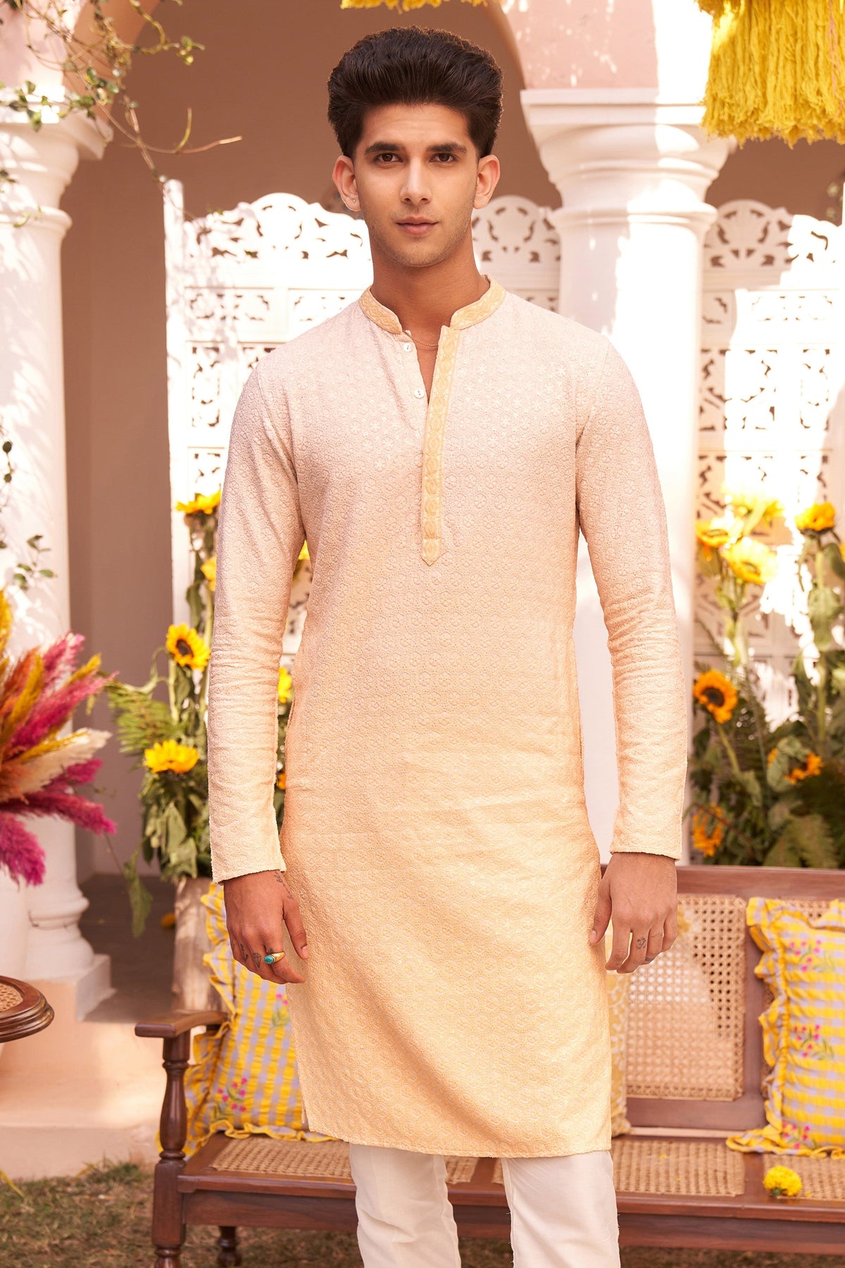Cream Ombre Silk Blend Mirror Work Kurta