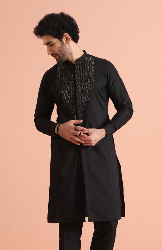 Men Black Embellished Rhine Stone Kurta