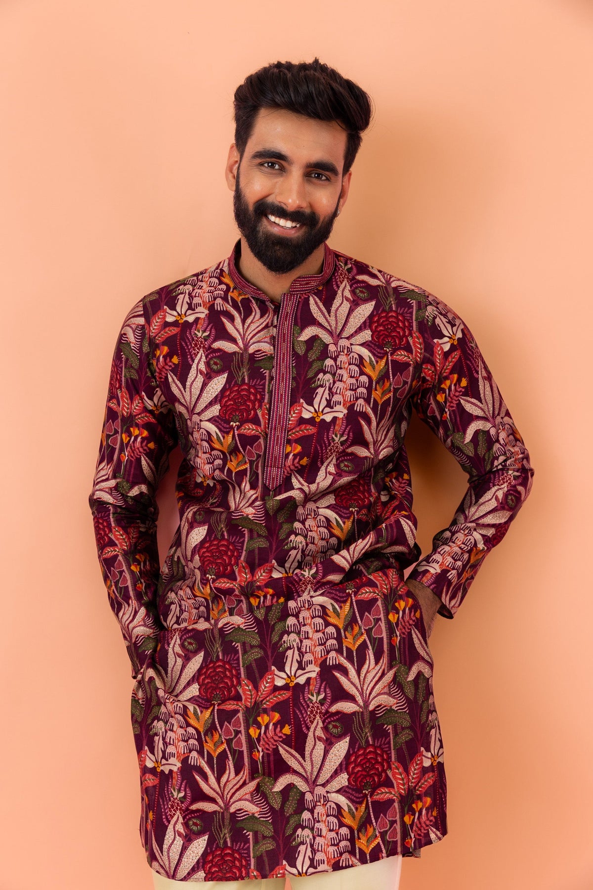 Maroon Silk Blend Kurta with Multicolor Floral Prints and Mandarin Collar