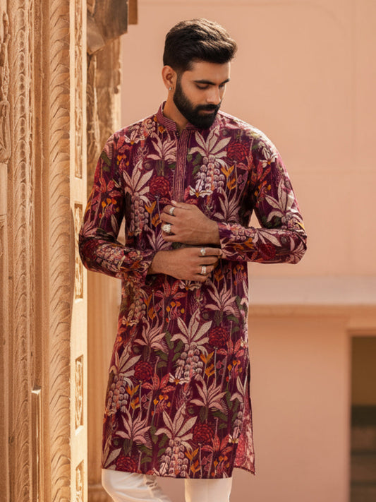 Maroon Silk Blend Kurta with Multicolor Floral Prints and Mandarin Collar