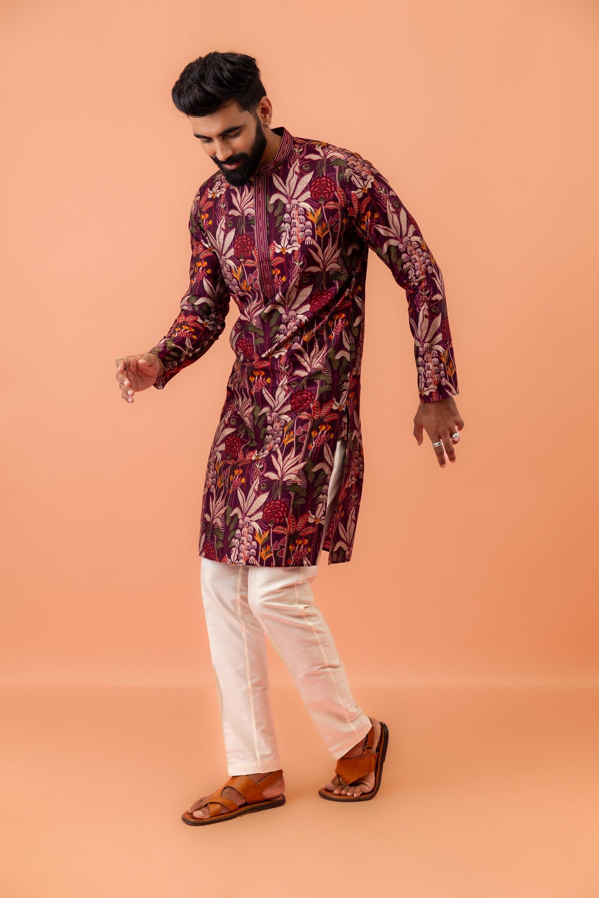 Maroon Silk Blend Kurta with Multicolor Floral Prints and Mandarin Collar