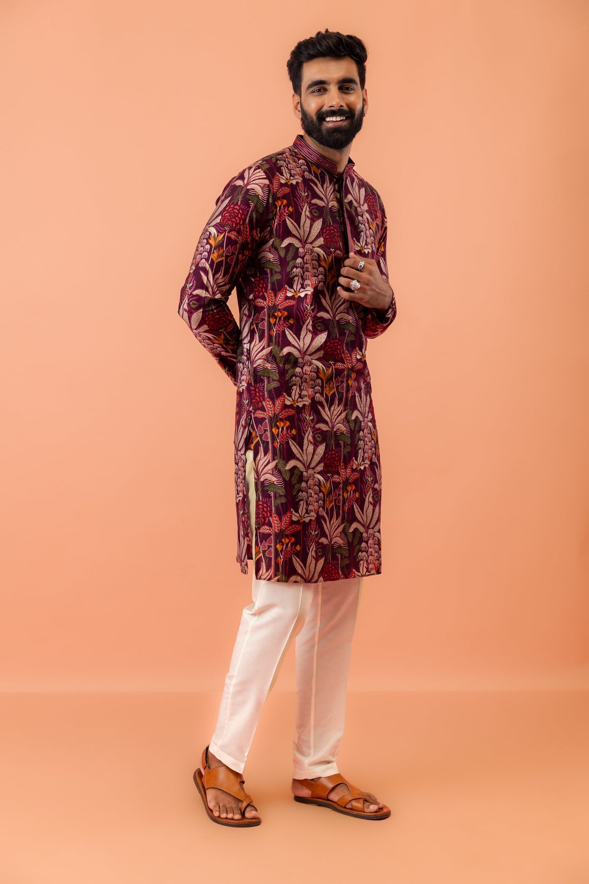 Maroon Silk Blend Kurta with Multicolor Floral Prints and Mandarin Collar
