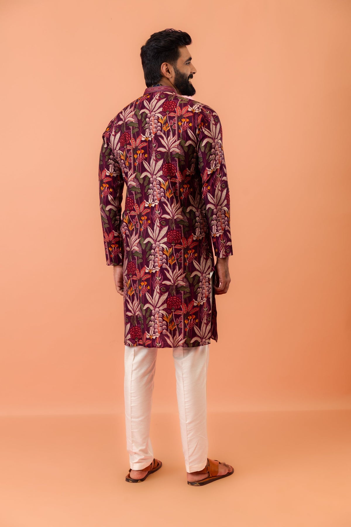 Maroon Silk Blend Kurta with Multicolor Floral Prints and Mandarin Collar