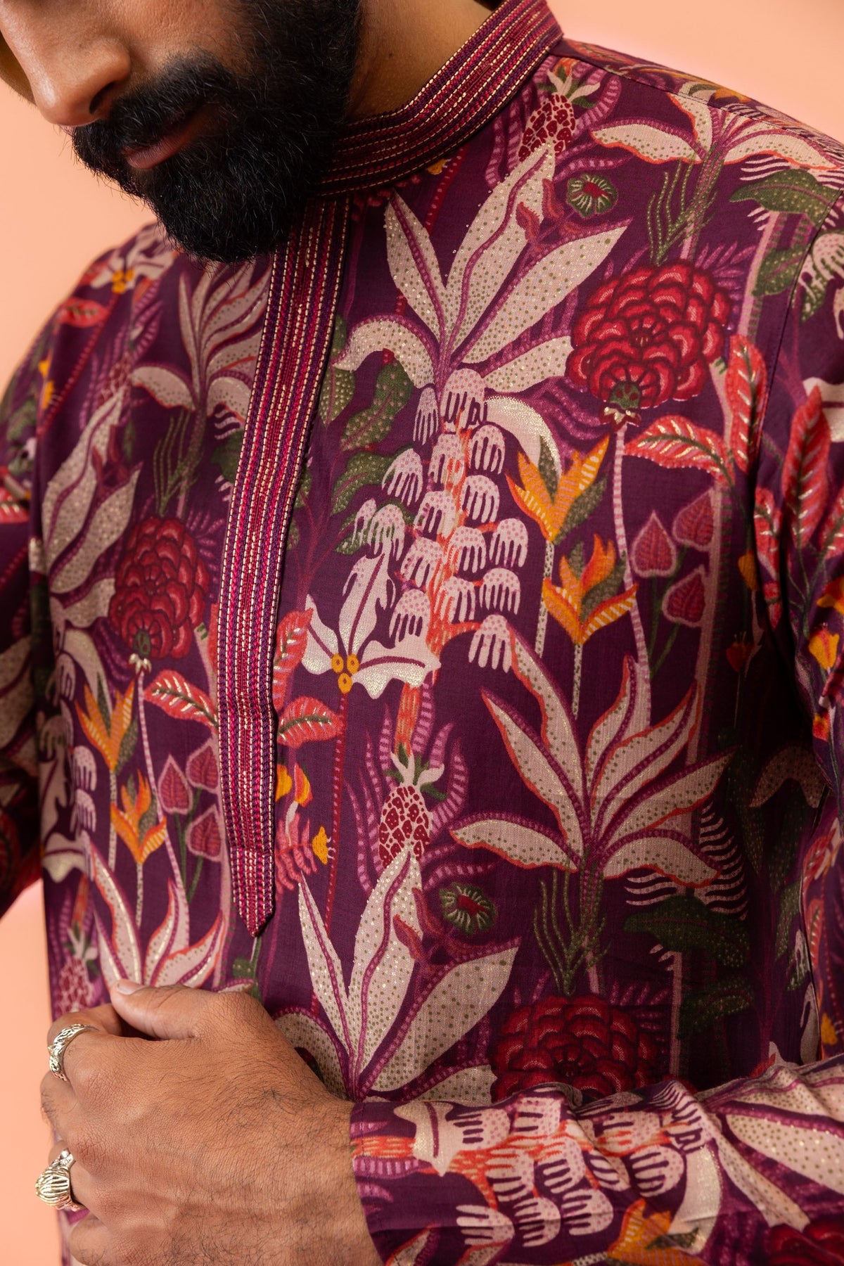 Maroon Silk Blend Kurta with Multicolor Floral Prints and Mandarin Collar