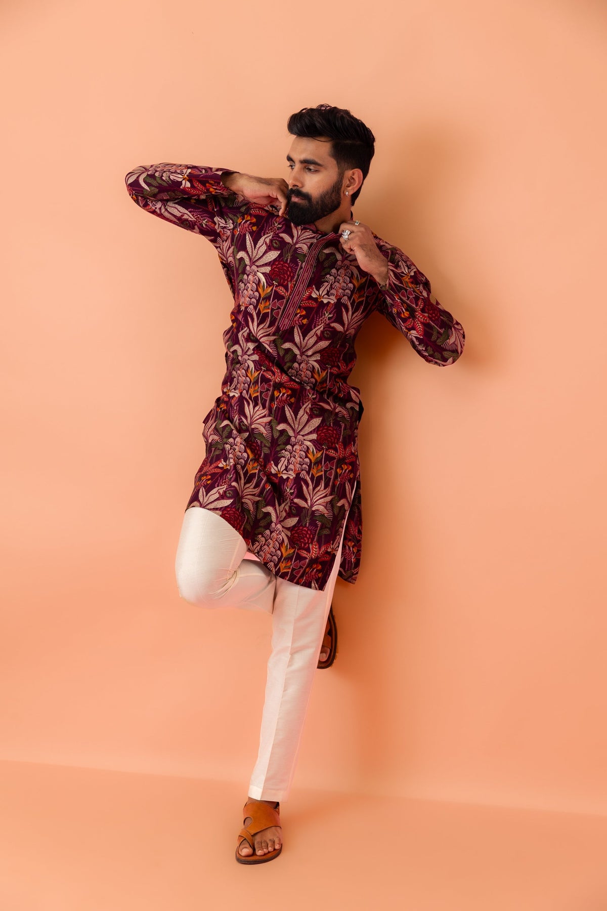 Maroon Silk Blend Kurta with Multicolor Floral Prints and Mandarin Collar