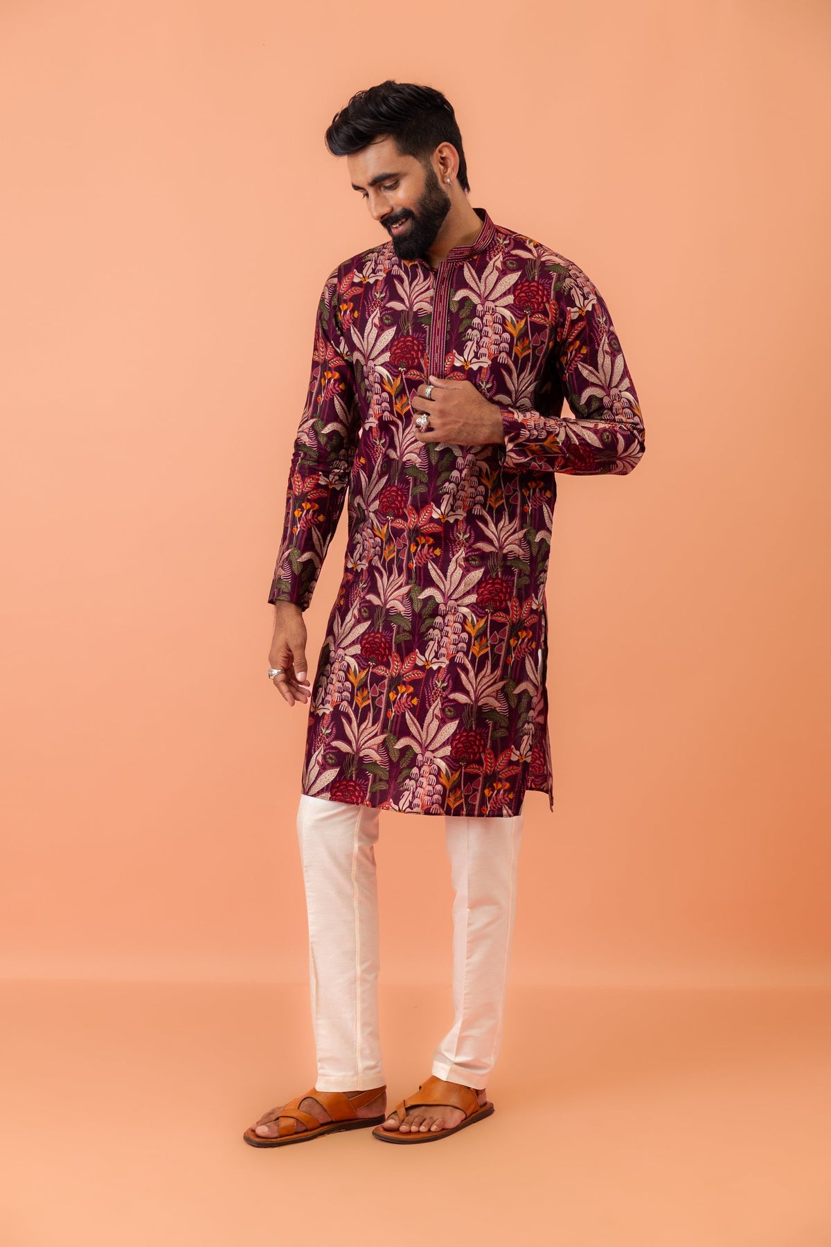 Maroon Silk Blend Kurta with Multicolor Floral Prints and Mandarin Collar