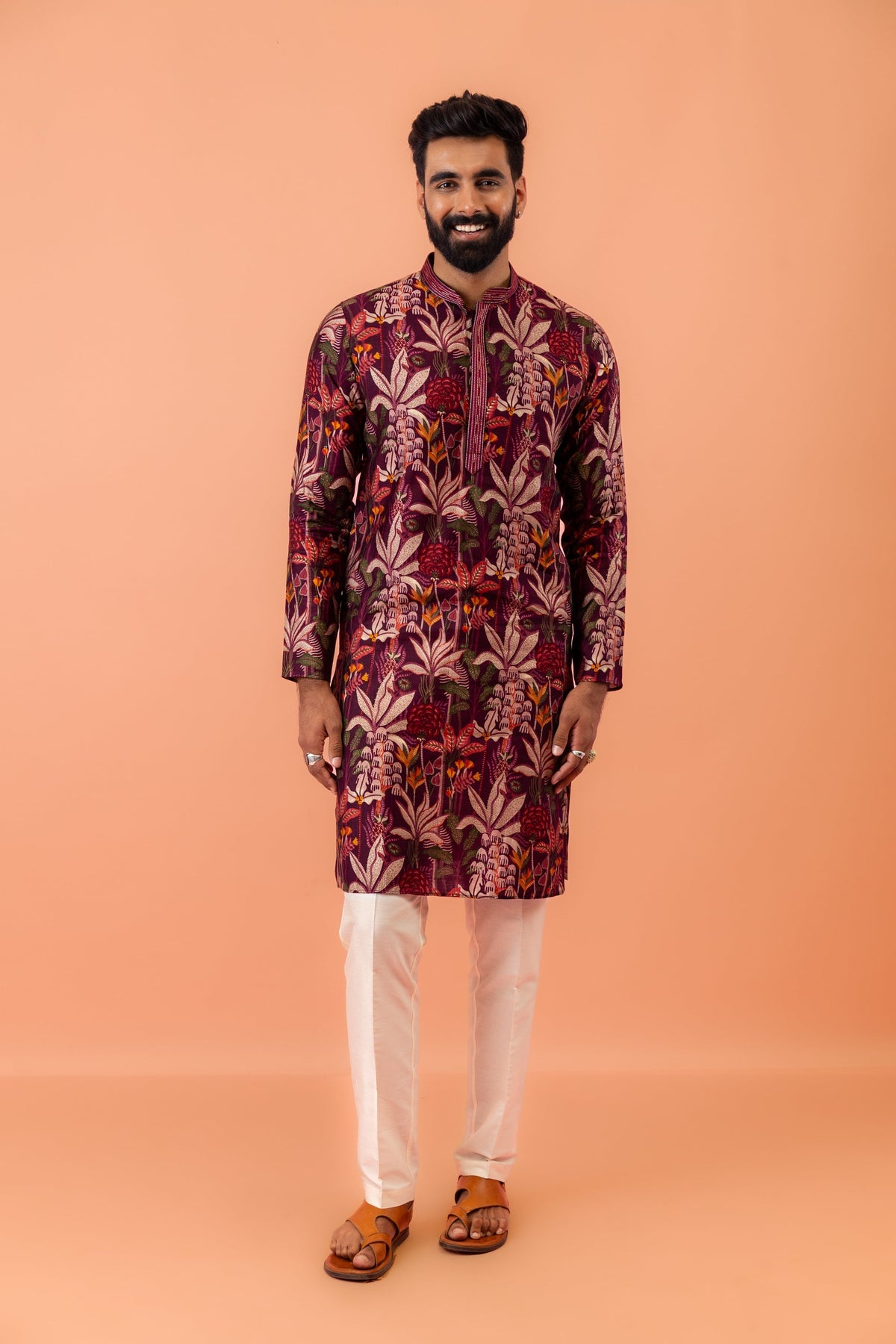 Maroon Silk Blend Kurta with Multicolor Floral Prints and Mandarin Collar