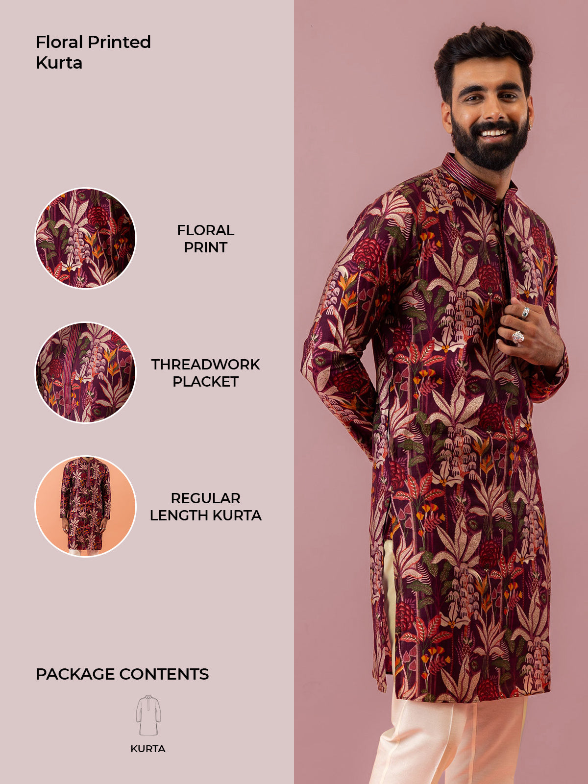 Maroon Silk Blend Kurta with Multicolor Floral Prints and Mandarin Collar
