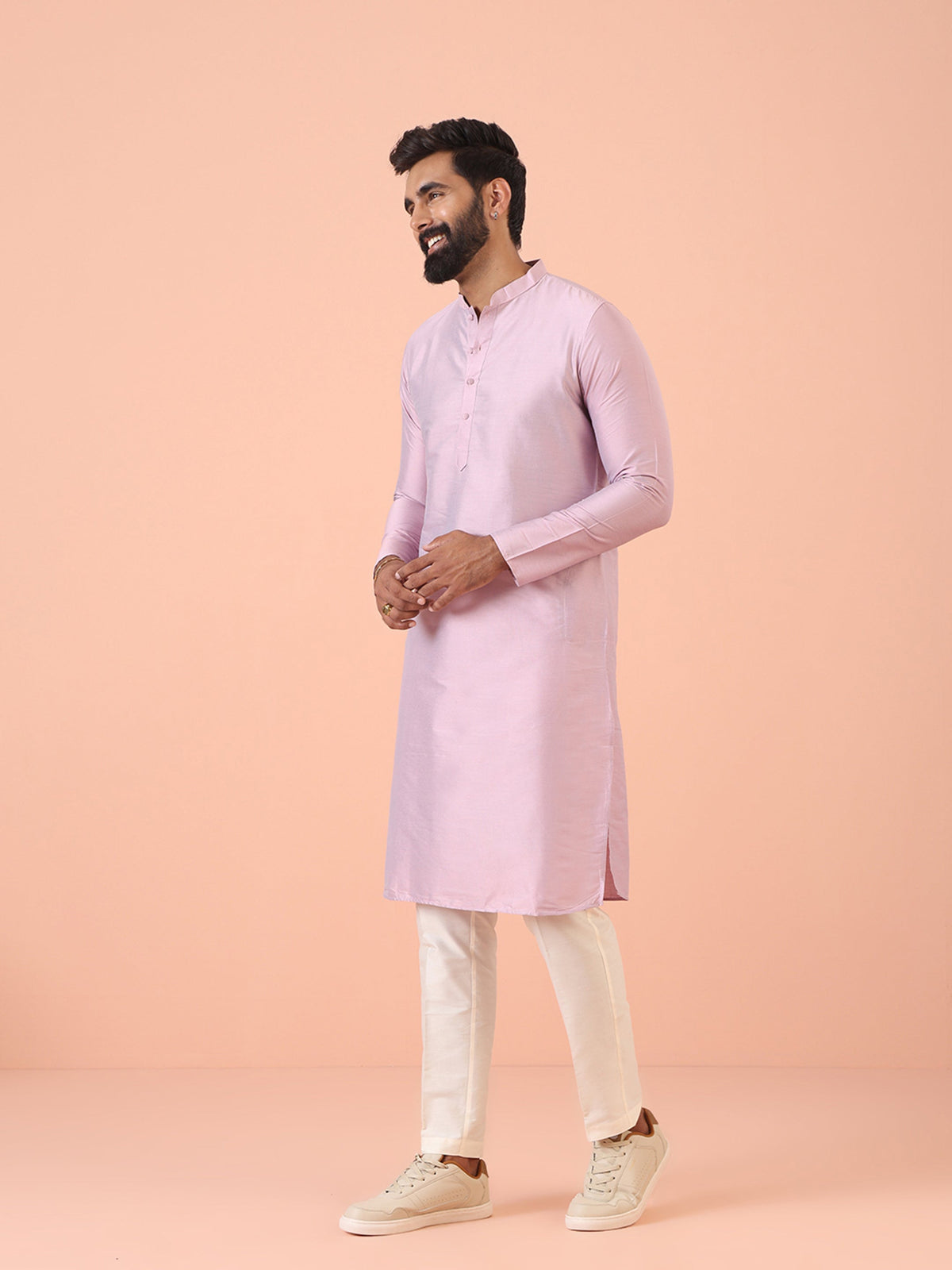 Men Pink Regular Fit Solid Kurta