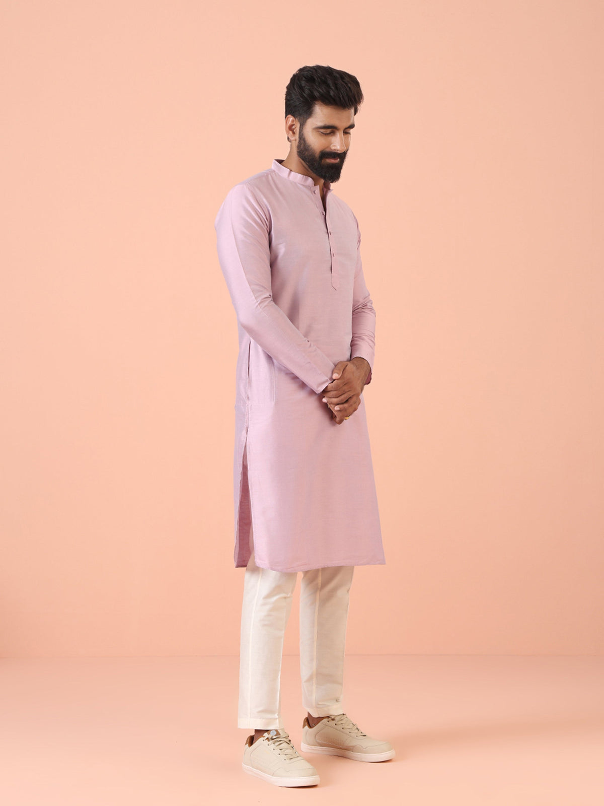 Men Pink Regular Fit Solid Kurta